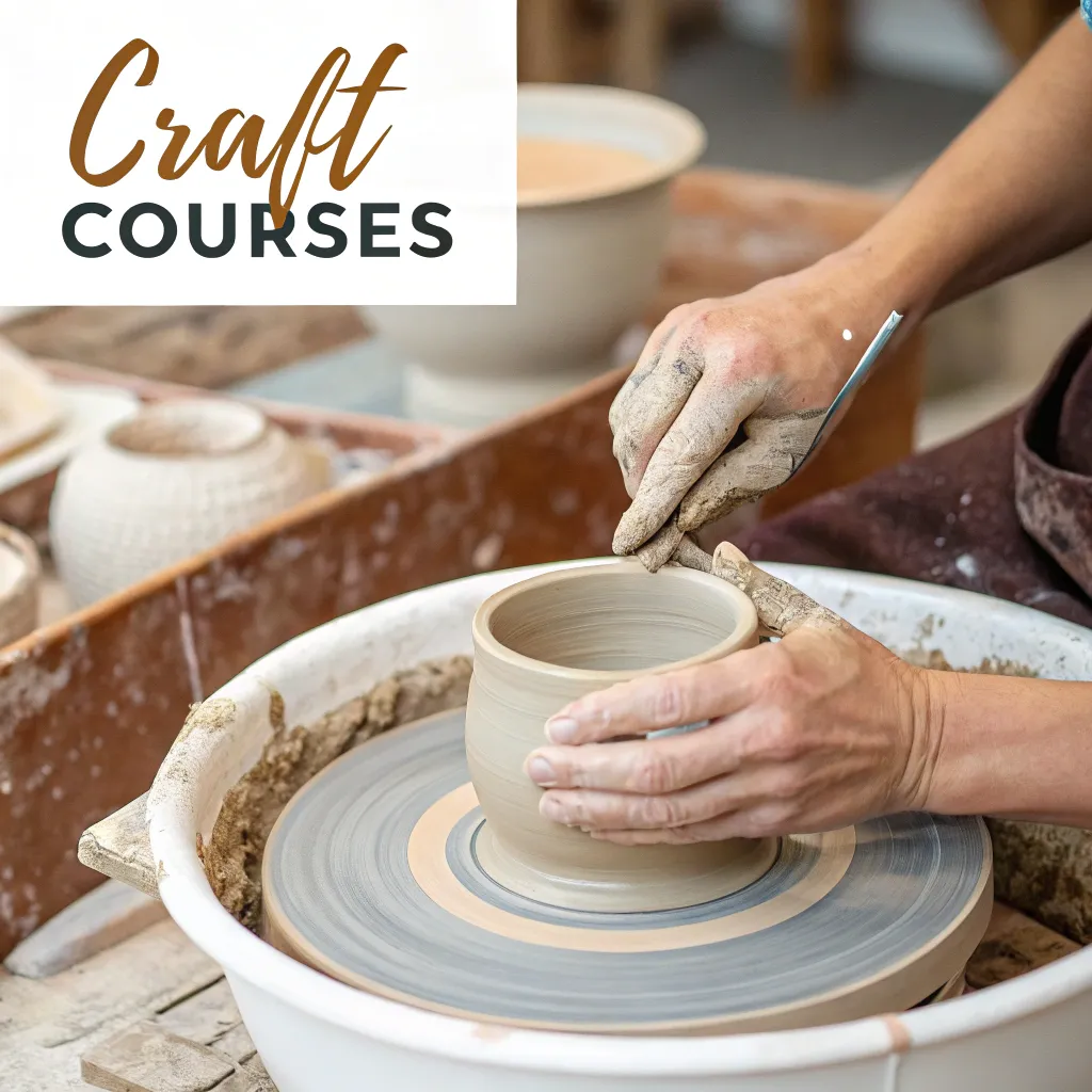 Craft courses banner with hands crafting pottery